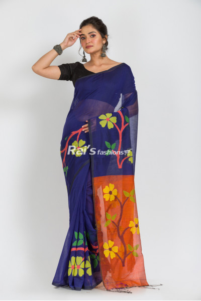 Silk Cotton Saree With Traditional Handweaving Jamdani Work Border And Contrast Color Pallu With Jamdani Work (KR155)